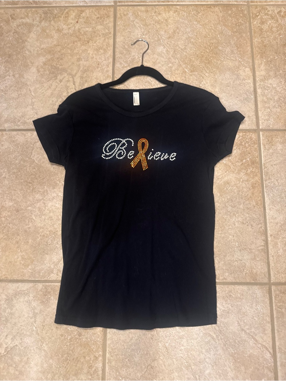 American Apparel Black 'Believe' Rhinestone Leukemia Cancer Tee with Gold Ribbon